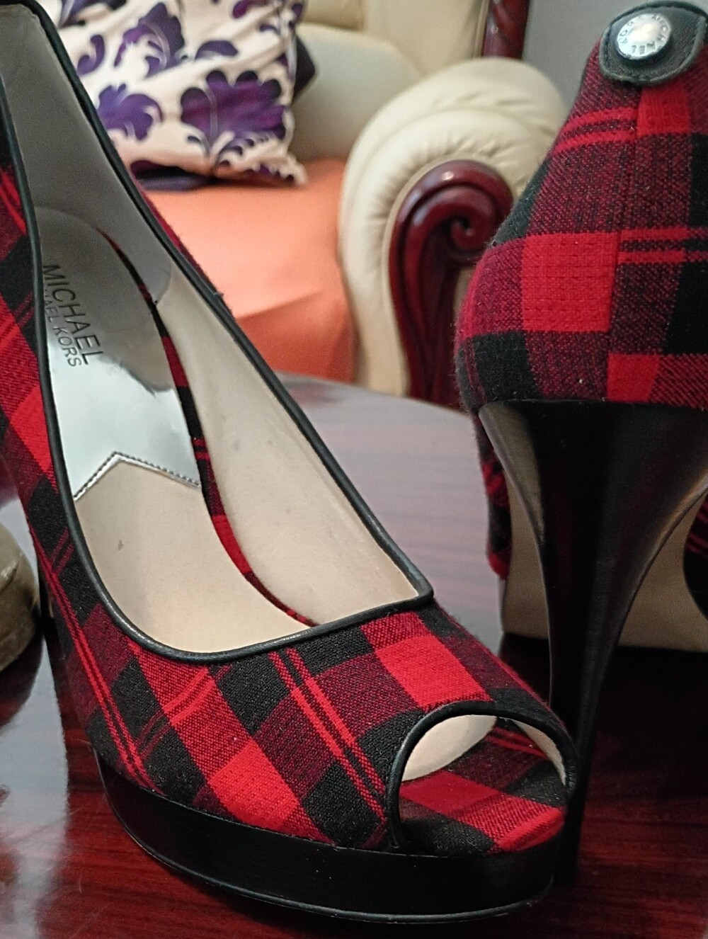 Michael Kors Red and Black Plaid Peep-Toe Heels